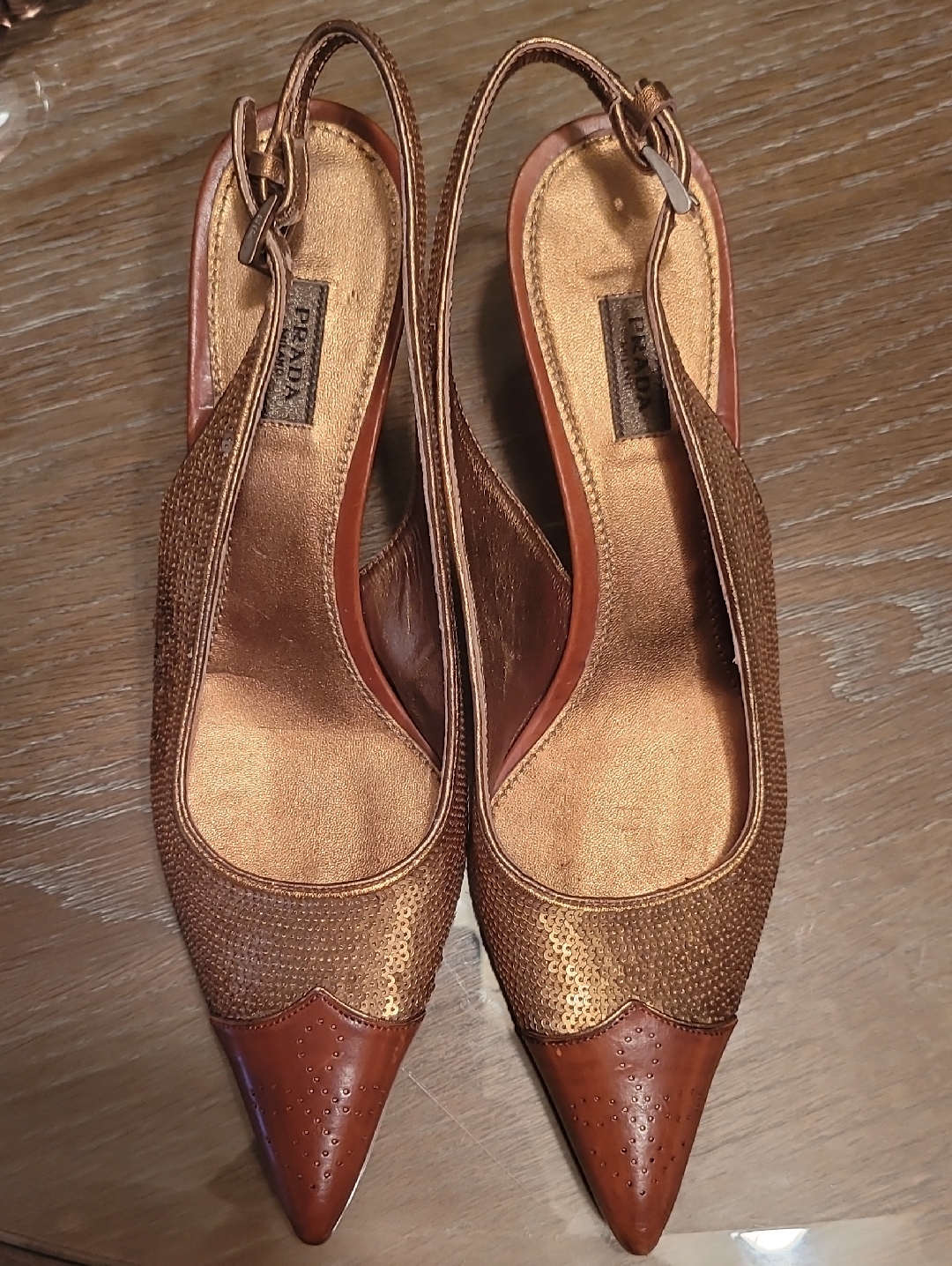 Prada Metallic Bronze Pointed Kitten Heel Slingback Heels